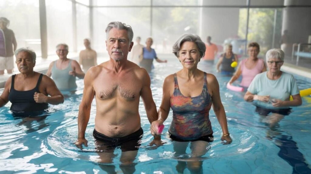 Seniors doing water walking exercise in a community swimming pool