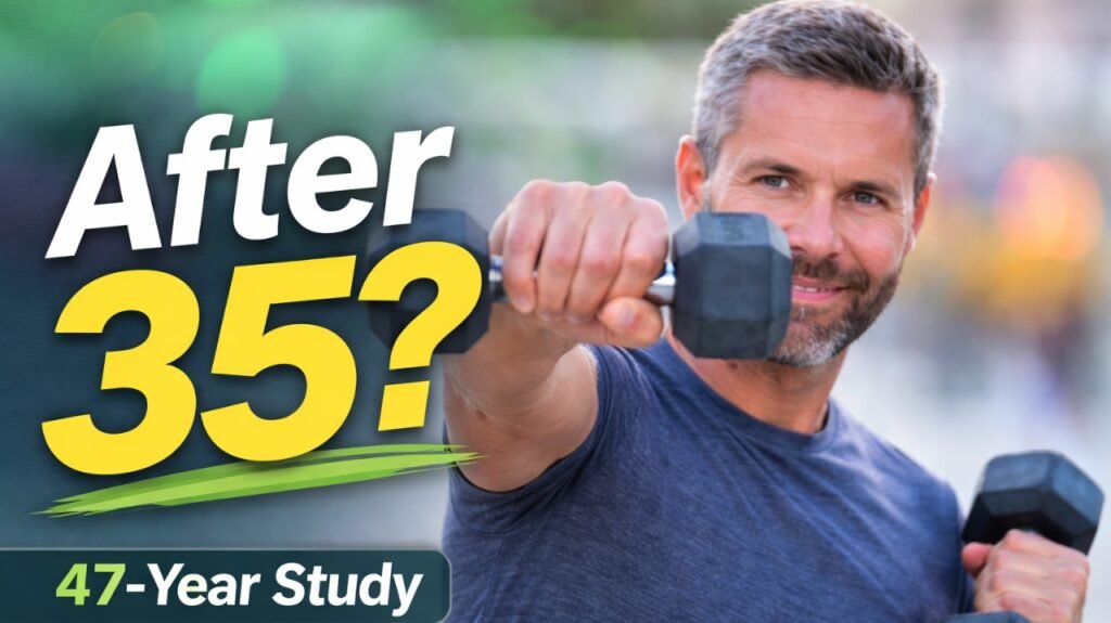 Man lifting dumbbells showing fitness after 35 and strength training in adulthood