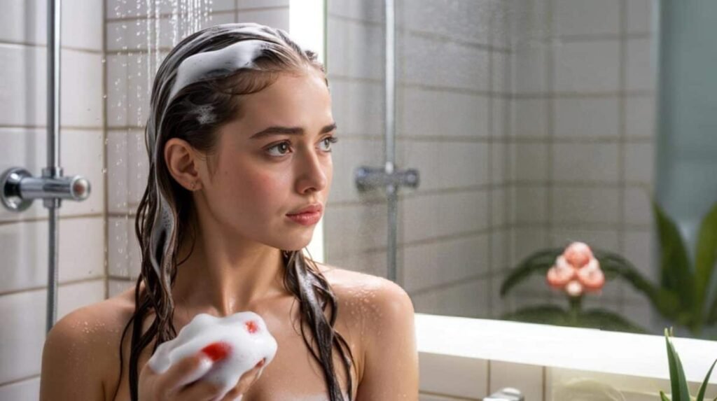A woman washing her hair in a bathroom shower, illustrating dermatologists’ warning about washing hair too often